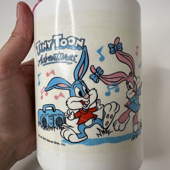 Vintage Tiny Toon Adventures Pink Plastic Lunch Box with Thermos 1990 Bugs Babs - Picture 10 of 16
